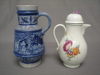 A 19th Century Continental porcelain coffee/chocolate pot with sparrow beak and floral decoration (very f) 9", together with a German salt glazed jug 10"