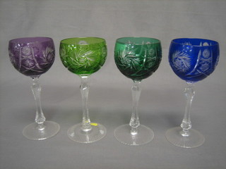 4 long stemmed coloured hock glasses