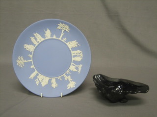 A Wedgwood black Basalt square dish 7" and a Wedgwood blue Jasperware dish 9 1/2"
