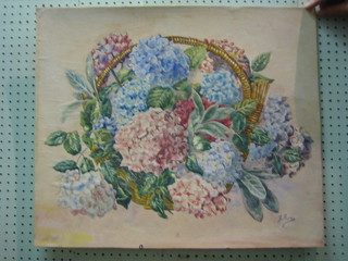 J Ross, watercolour drawing, still life study "Basket of Hydrangeas" 22" x 26" together with  L Burleigh a coloured print "Continental Scene" 22 x 14" (unframed)