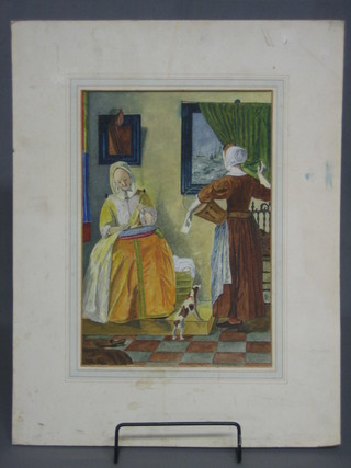 Frank E Attwood, watercolour drawing "17th Century Interior Scene with Figures" 12" x 9"