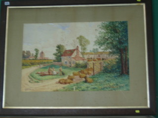 Arthur Gordon, watercolour drawing "Country Scene with Farm Yard, Church and Figures" signed and dated 1894 20" x 30" (some foxing)