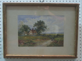 Watercolour drawing "Country Scene with Figures Walking by a Cottage, River in the Distance" 7" x 10"