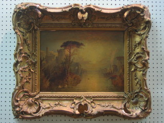 19th Century Continental oil painting on board "River with Castle and Classical Buildings" 10" x 14", contained in a heavy gilt frame