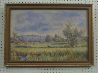 Watercolour drawing "Country Scene, Meadow with Grazing Cattle, Bridge and Church in Distance" 13" x 20"