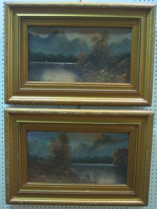 W Collins?, a pair of Victorian oil paintings on board "Mountain Lake Scenes" 9" x 16 1/2"