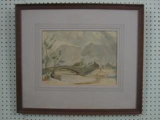U MacDonald, watercolour "Study of Mountain River with Bridge and Buildings" 9" x 13"