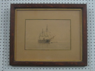 F Paton, watercolour drawing "Iron Clad Steam and Twin Masted War Ship - HMS Warrior?" 7" x 10 1/2"