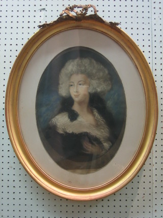 A 19th Century oval coloured print "Noble Woman" contained in a decorative gilt frame 15"