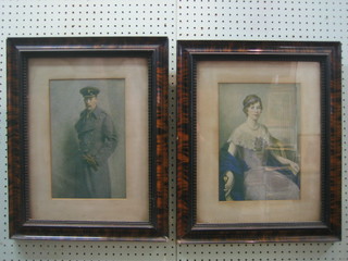 A pair of coloured prints "Noble Lady and Bearded Guards Major" 12" x 8 1/2" contained in tortoiseshell finished frames