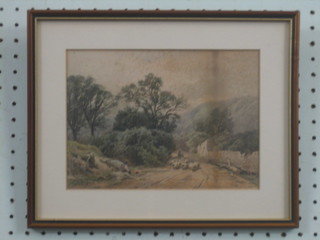 19th  Century watercolour drawing "Figure Driving Sheep Down a Country Lane", monogrammed CSR? 6" x 9"