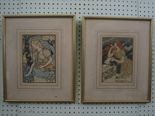 A pair of Art Nouveau style French posters of standing ladies 7" x 5", the reverse labelled The French Picture Shop Pimlico