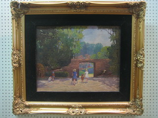 B Lewis, 1930's oil on canvas "Figures Walking in a Park" 14" x 18" (holes)