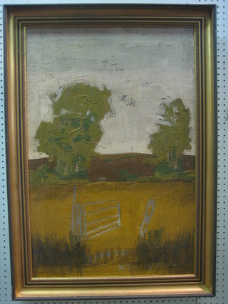 G Rariville, impressionist oil painting on canvas "Field with Five Bar Gate" 29" x 19"