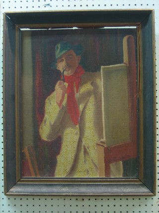 T A X Proudfoot, oil painting on board "Portrait of a Standing Artist" 17" x 13 1/2"