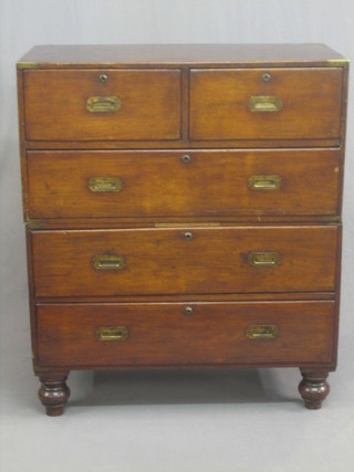 A 19th Century mahogany Military chest in 2 sections, fitted 2 short and 3 long drawers with brass counter sunk handles, raised on bun feet 36"