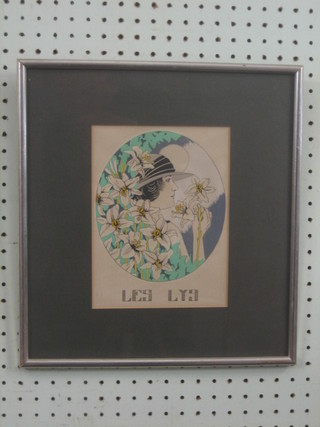 An Art Nouveau style French print "Lady with Flowers" the reverse with French picture shop Pimlico label 8" x 6"