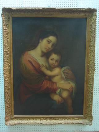 19th Century oil on canvas "Portrait of Mother and Child" 36" x 27"