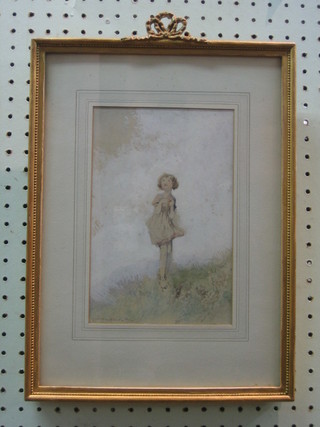 Watercolour drawing "Standing Girl" contained in a gilt frame, indistinctly signed 9" x 6"