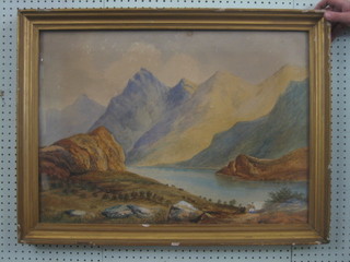 Victorian watercolour drawing "Mountain and Loch with Figures and Cattle" 20" x 22"