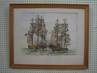 Watercolour drawing "Naval Engagement Between British and American War Ships" 14" x 19 1/2"