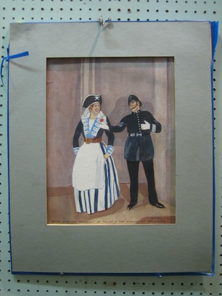 B P Kelleher, watercolour drawing  "Ruth and Sergeant of Police, in The Pirates of Penzance"  12" x 10"