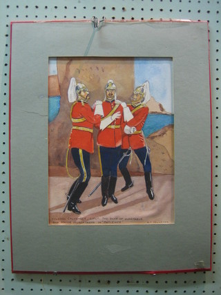 B P Kelleher, watercolour drawing   "Colonel Calverley, Lieut. Duke of Dunstable and Major Murgatroyd in Patience" 12" x 9"