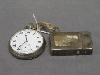A silver cigarette lighter and a silver open faced pocket watch