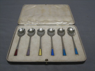 A set of 6 Art Deco silver and enamel coffee spoons, Sheffield 1936