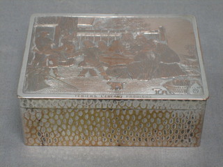 A Continental silver plated box, the hinged lid decorated a feast scene, marked Teniers Lenfant Prodigue 4"