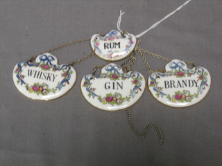 4 Royal Crown Derby porcelain decanter labels - Whisky, Gin, Brandy and Rum