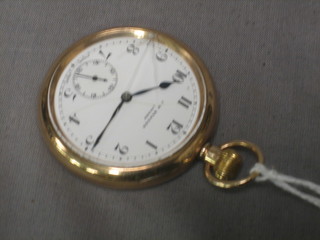 A gentleman's open faced pocket watch with enamelled dial and Arabic numerals by J W Benson, contained in a 9ct gold case 