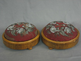 A pair of Victorian circular walnut footstools with bead work seats, raised on bun feet (1f) 10"