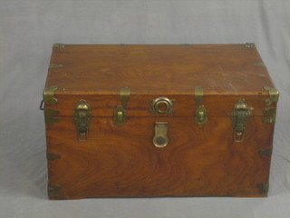 A camphor coffer with brass banding and iron drop handles 34"