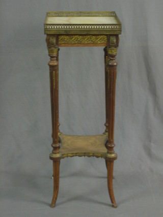 A  19th Century square bleached mahogany 2 tier jardiniere stand with white veined marble top and pierced brass gallery, raised on turned supports with undertier 12"