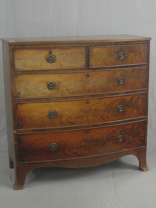 A 19th Century mahogany bow front chest of 2 short and 3 long drawers, raised on splayed bracket feet 42"