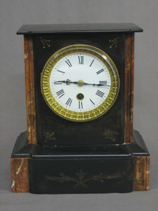 A Victorian French mantel clock with enamelled dial and Roman numerals contained in a black 2 colour marble case 9"