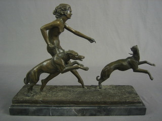 A modern Art Deco style bronze figure of a lady with 2 hounds, raised on a marble base 16"