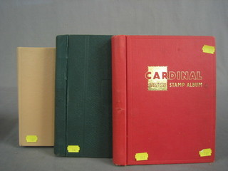 A buff coloured stock book containing a collection of various stamps and a red and green stamp album containing various stamps and 1 other (3)