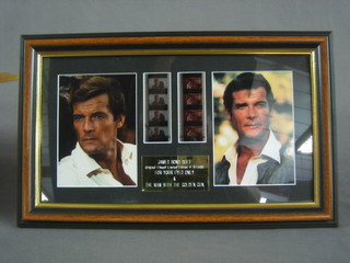 2 James Bond limited edition film stills - For Your Eyes Only and The Man with the Golden Gun, together with 2 colour photographs of Roger Moore, framed