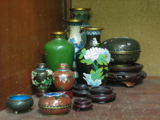A green ground cloisonne baluster shaped vase 6", 3 other vases, 2 jars and covers and 2 miniature pin jars