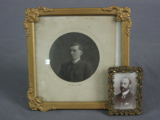 An Edwardian gilt metal photograph frame containing a black and white portrait photograph of a gentleman 3" x 2" together with 1 other 6" x 6"