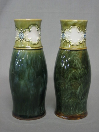 A pair of Royal Doulton green glazed club shaped vases, the base marked Royal Doulton and impressed 8079 7"