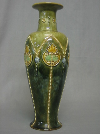 A Royal Doulton Art Nouveau green glazed club shaped vase, the base marked Royal Doulton and impressed MW 8425D, 13"