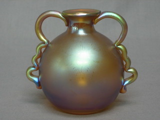 An Art Nouveau Roman style opaque glass twin handled vase of globular form 4"