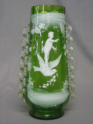 A Mary Gregory style green glass and enamel vase decorated a child riding a bird 10"