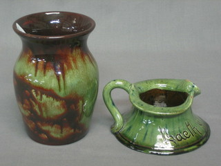 An Ewenny Welsh Art Pottery waisted jug 2" and a green glazed vase 5"