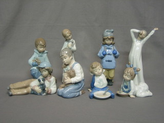 8 various Nao figures - standing boy and girl, girl hiker, seated boy hiker with rabbit, 2 seated infants and 2 seated boys with dogs