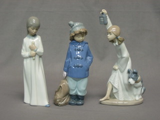 3 various Nao figures - girl in night gown 7", girl hiker 7" and girl in night gown with lantern and dog 8"
