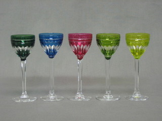 5 Bohemian long stemmed coloured glass liqueur glasses